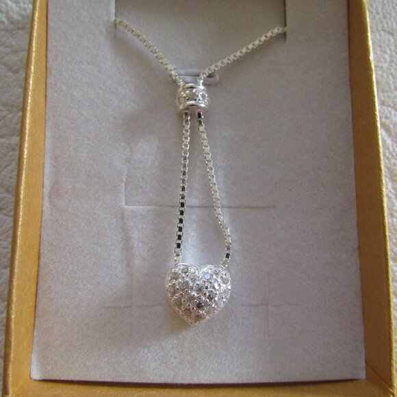 Sterling Silver CZ Dome and Pave Heart Dangle Pendant - NEW - Picture 8 of 12